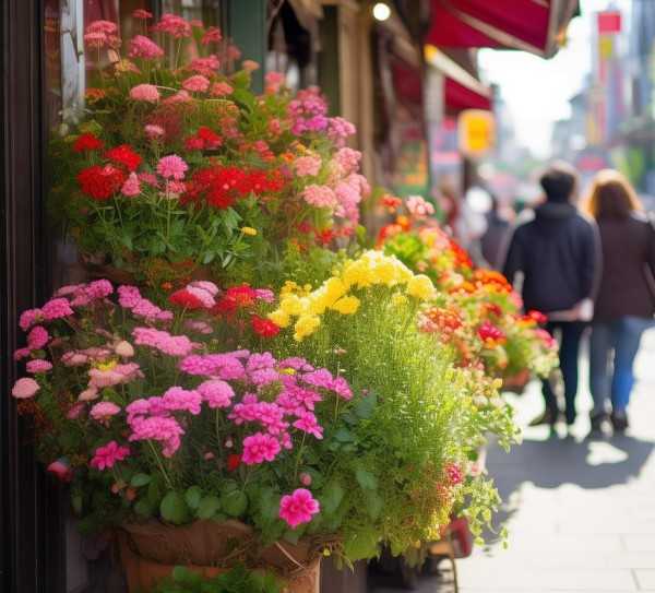 春意盎然的街角鲜花店，繁华中的静谧绿洲,繁华街角，一抹春意盎然的鲜花店门口鲜花盆景图,生机,纯洁,玫瑰,第1张